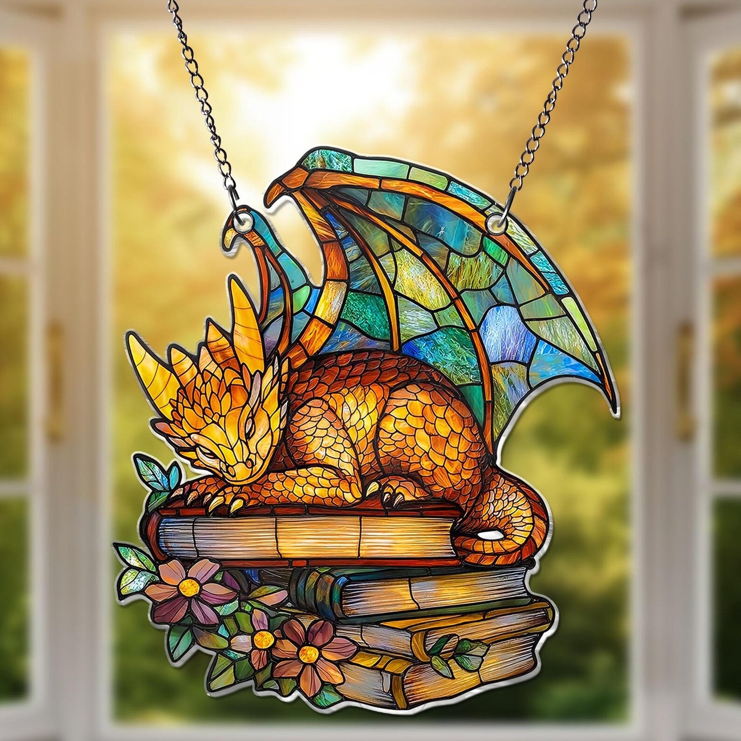Book Dragon ACRYLIC Window Hanging Ornament, Fantasy Dragon Ornament, Dragon Acrylic Wall Art Decoration, Bookish Home Decor, NOT GLASS