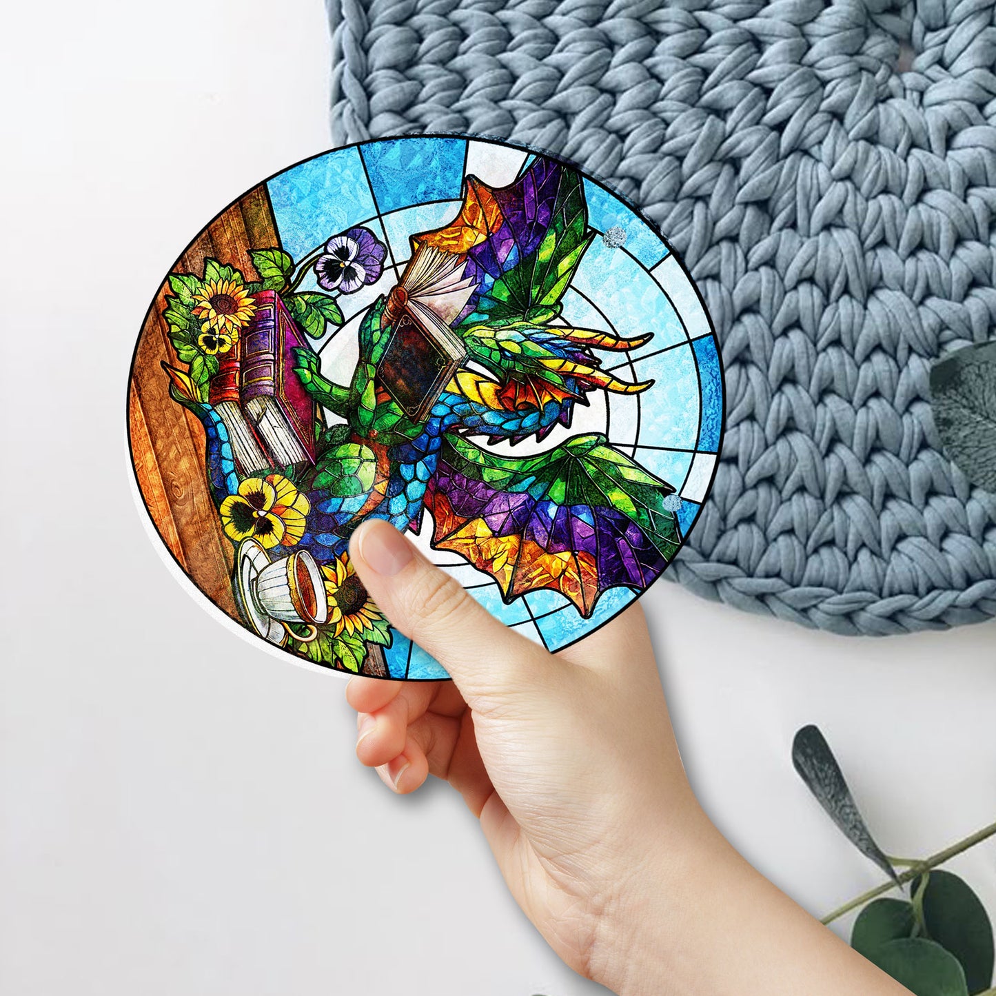 Colorful Dragon Reading Book STAINED GLASS Suncatcher Fantasy Window Art with Books Tea Flowers Gift for Book Lovers Dragon Fans Bookish