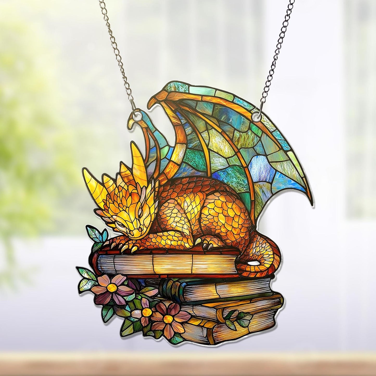 Book Dragon ACRYLIC Window Hanging Ornament, Fantasy Dragon Ornament, Dragon Acrylic Wall Art Decoration, Bookish Home Decor, NOT GLASS