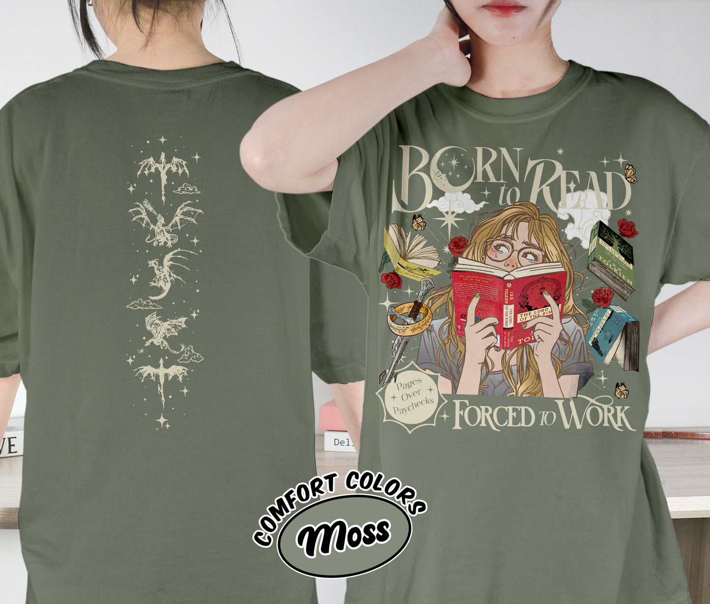 Born To Read Forced To Work Shirt, The Lord Of The Rings Shirt, Dark Romance Shirt, Romantasy Readers Shirt, Bookish Bookworm Book Nerd Shirt, Gift for Her, Gift for Readers for Book Lovers