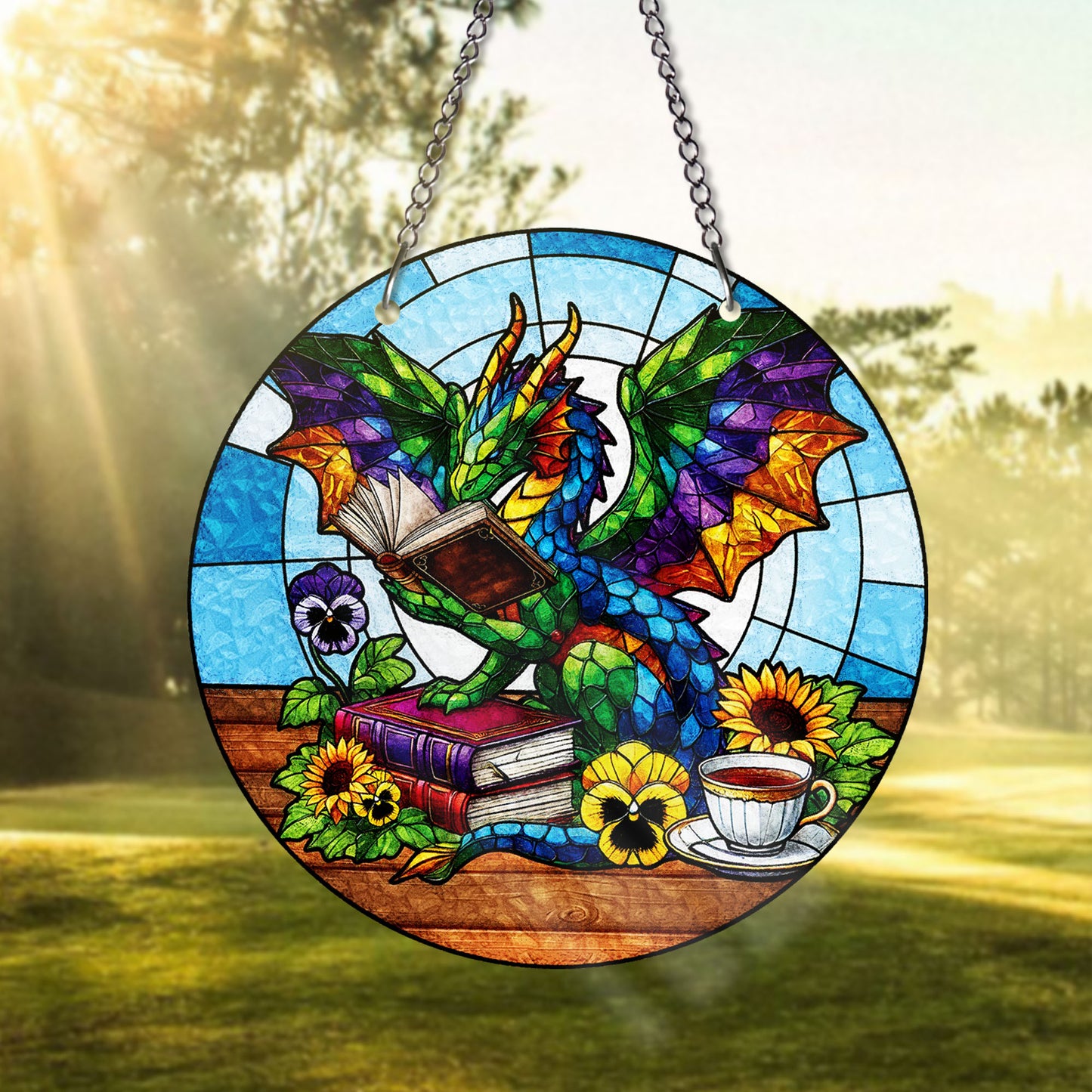 Colorful Dragon Reading Book STAINED GLASS Suncatcher Fantasy Window Art with Books Tea Flowers Gift for Book Lovers Dragon Fans Bookish