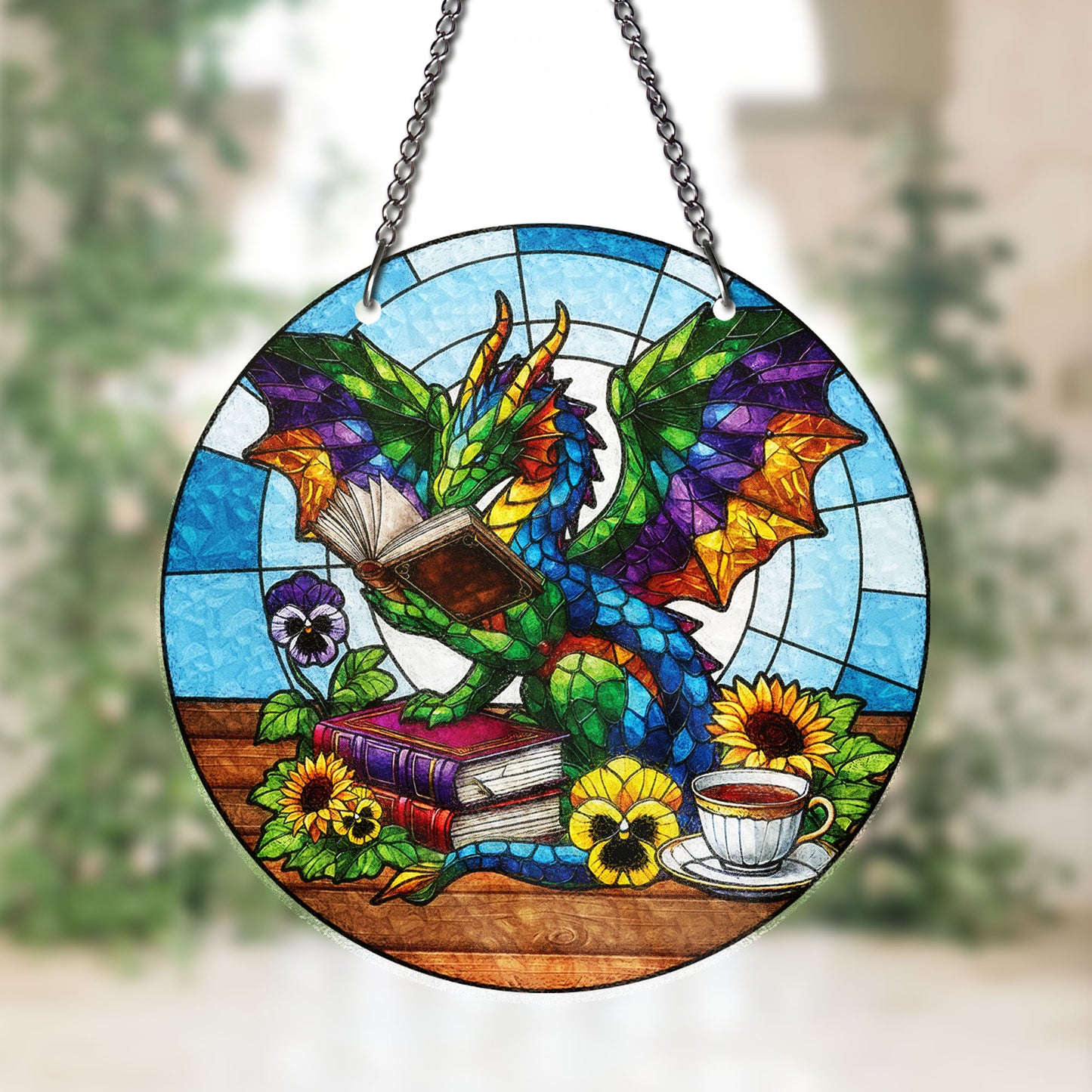 Colorful Dragon Reading Book STAINED GLASS Suncatcher Fantasy Window Art with Books Tea Flowers Gift for Book Lovers Dragon Fans Bookish