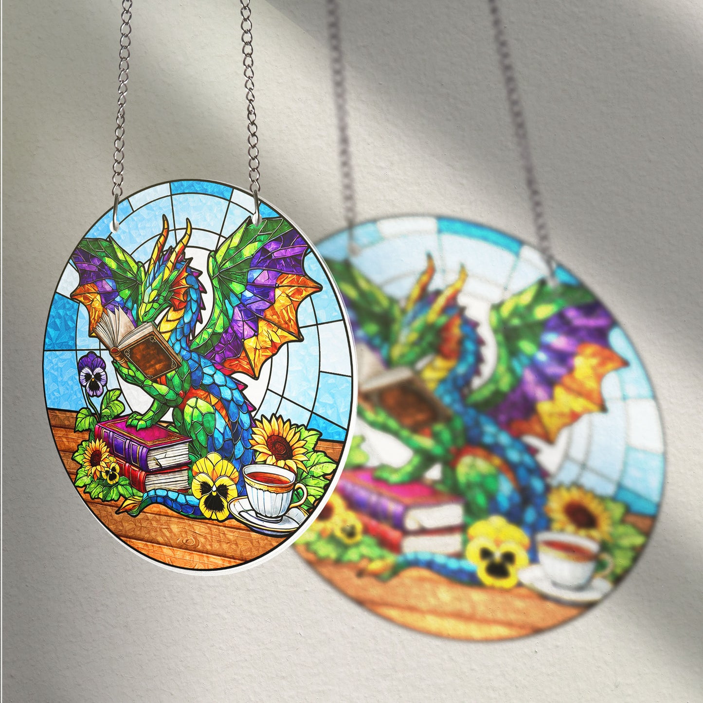 Colorful Dragon Reading Book STAINED GLASS Suncatcher Fantasy Window Art with Books Tea Flowers Gift for Book Lovers Dragon Fans Bookish