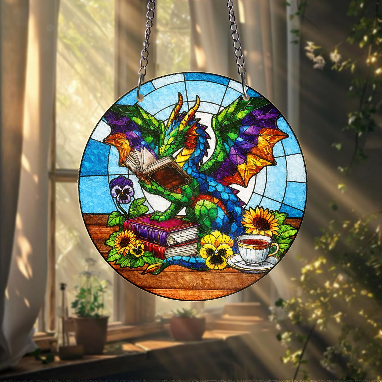 Colorful Dragon Reading Book STAINED GLASS Suncatcher Fantasy Window Art with Books Tea Flowers Gift for Book Lovers Dragon Fans Bookish