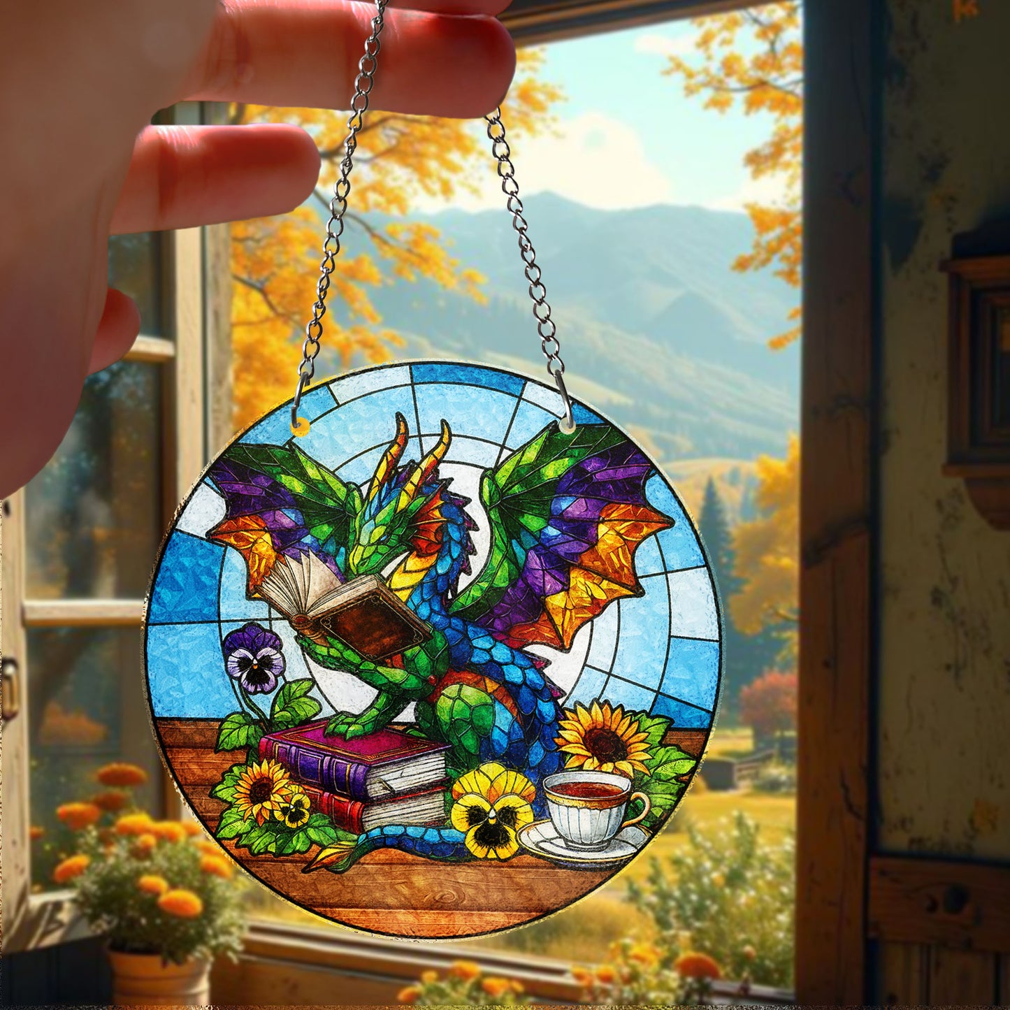 Colorful Dragon Reading Book STAINED GLASS Suncatcher Fantasy Window Art with Books Tea Flowers Gift for Book Lovers Dragon Fans Bookish