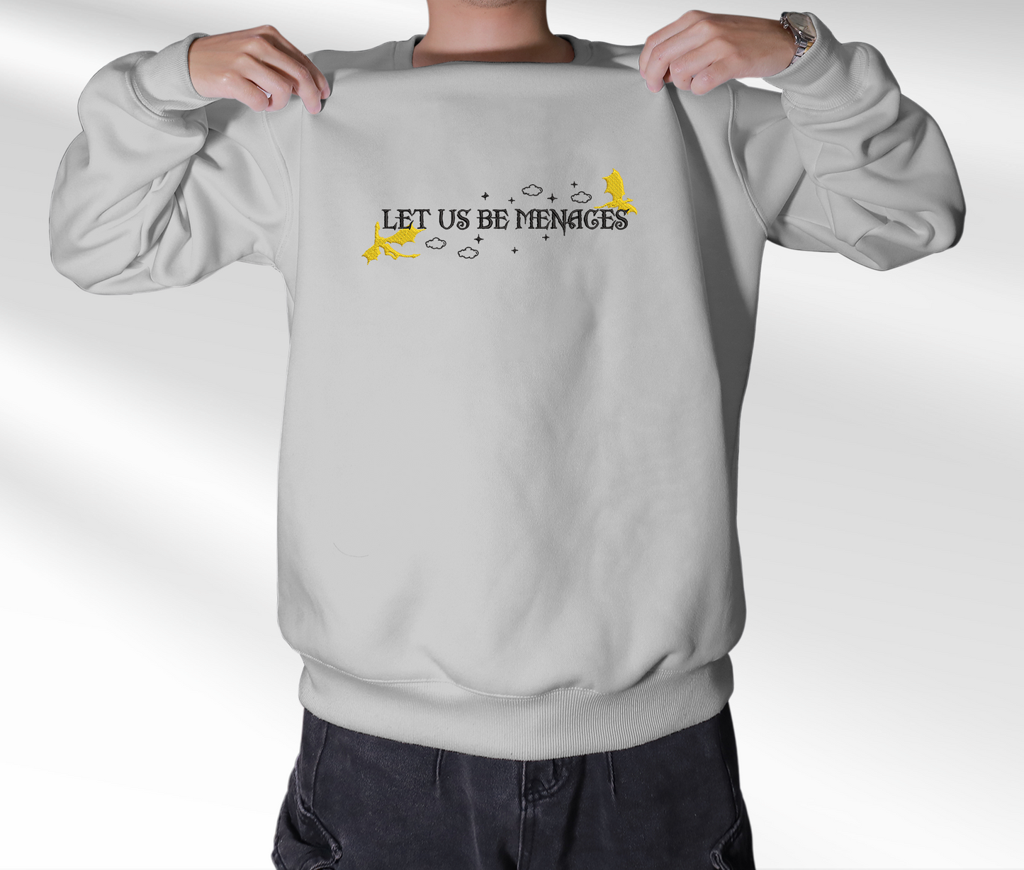 Let Us Be Menages Embroidered Sweatshirt, Fourth Wing Embroidered Crewneck, Gift For Empyrean Series Fan Club, Gift For Readers For Book Lover