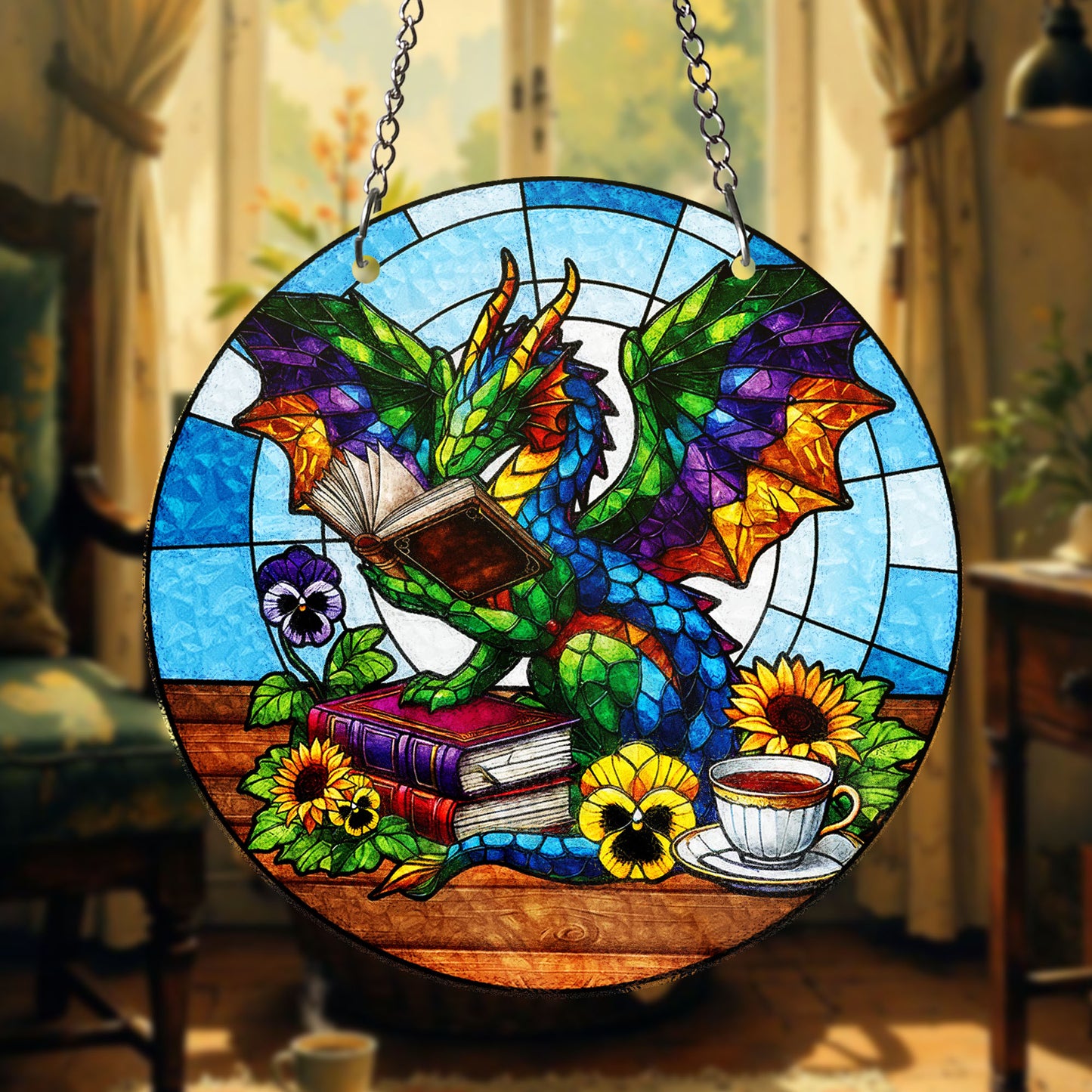 Colorful Dragon Reading Book STAINED GLASS Suncatcher Fantasy Window Art with Books Tea Flowers Gift for Book Lovers Dragon Fans Bookish