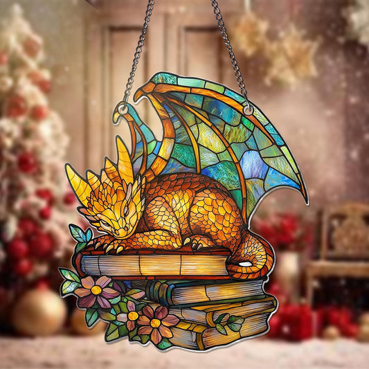 Book Dragon ACRYLIC Window Hanging Ornament, Fantasy Dragon Ornament, Dragon Acrylic Wall Art Decoration, Bookish Home Decor, NOT GLASS