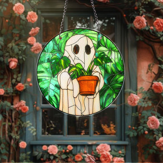 STAINED GLASS Cute Ghost Plant Suncatcher Cute Ghost Watering Plants Stained Glass Suncatcher – Cottagecore Window Hanging Decor Ghost Plant