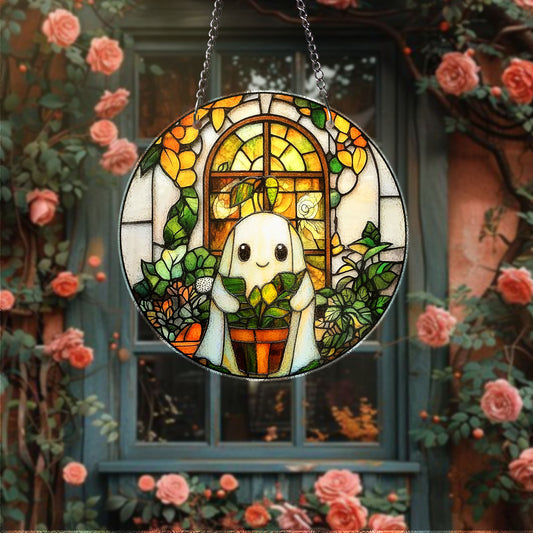 STAINED GLASS Ghost Plant Suncatcher Cute Ghost Watering Plants Stained Glass Suncatcher Cottagecore Window Hanging Decor Ghost Plant Lady