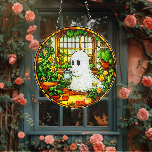 STAINED GLASS Cute Ghost Plant Suncatcher Cute Ghost Watering Plants Stained Glass Suncatcher – Cottagecore Window Hanging Decor Ghost Plant