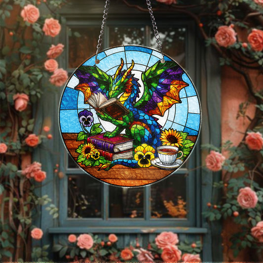 Colorful Dragon Reading Book STAINED GLASS Suncatcher Fantasy Window Art with Books Tea Flowers Gift for Book Lovers Dragon Fans Bookish