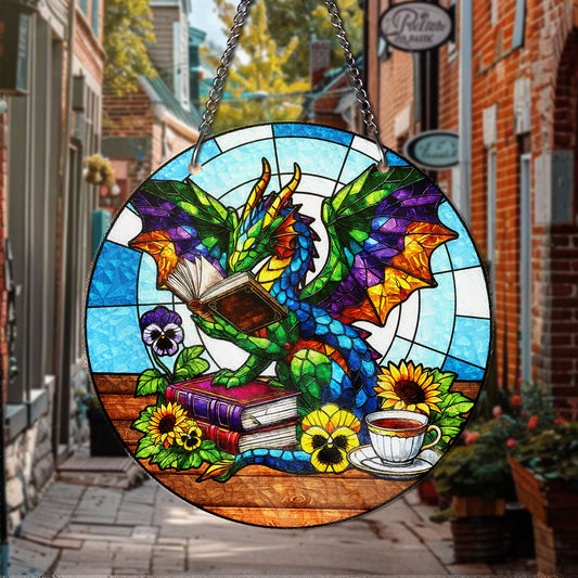 Colorful Dragon Reading Book STAINED GLASS Suncatcher Fantasy Window Art with Books Tea Flowers Gift for Book Lovers Dragon Fans Bookish