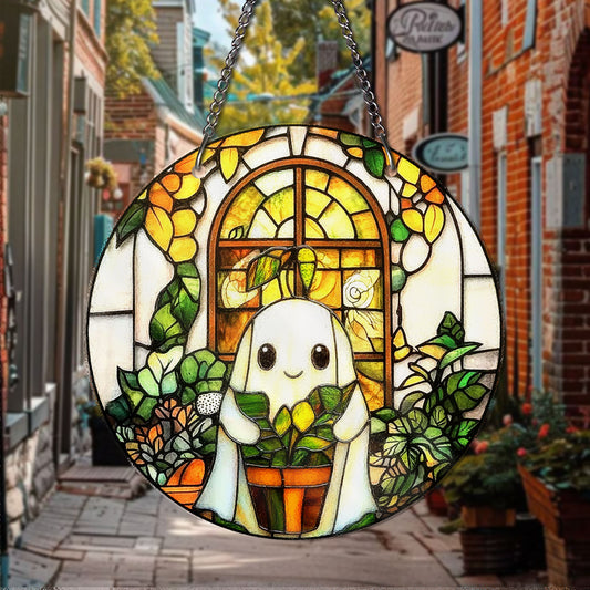 STAINED GLASS Ghost Plant Suncatcher Cute Ghost Watering Plants Stained Glass Suncatcher Cottagecore Window Hanging Decor Ghost Plant Lady