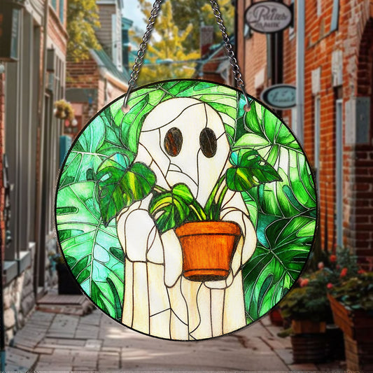 STAINED GLASS Cute Ghost Plant Suncatcher Cute Ghost Watering Plants Stained Glass Suncatcher – Cottagecore Window Hanging Decor Ghost Plant