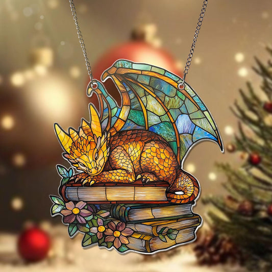 Book Dragon ACRYLIC Window Hanging Ornament, Fantasy Dragon Ornament, Dragon Acrylic Wall Art Decoration, Bookish Home Decor, NOT GLASS