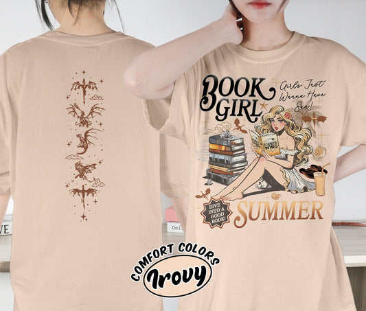 Book Girl Summer Shirt, Fourth Wing Dragon Rider Shirt, Girls Just Wanna Have Sun, Fantasy Beach Shirt, Violet Sorrengail Shirt, Bookish Bookworm Book Nerd Shirt, Gift for Her, Gift for Readers for Book Lovers