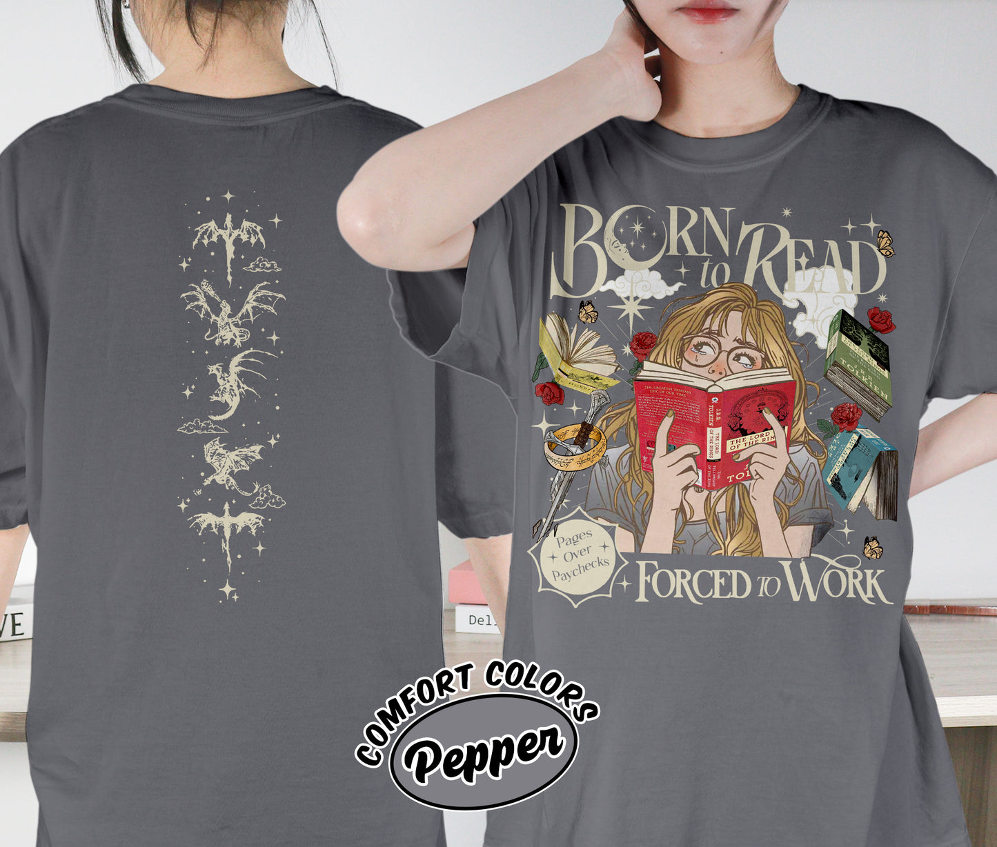 Born To Read Forced To Work Shirt, The Lord Of The Rings Shirt, Dark Romance Shirt, Romantasy Readers Shirt, Bookish Bookworm Book Nerd Shirt, Gift for Her, Gift for Readers for Book Lovers